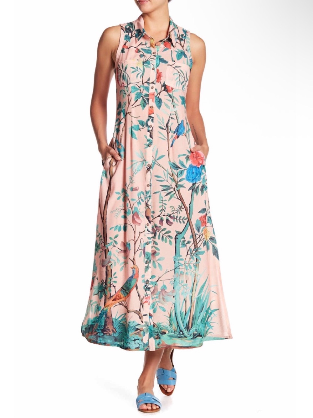 Aratta Silent Journey Blush Pink Embroidered Bird Midi Maxi Shirtdress S 4 6